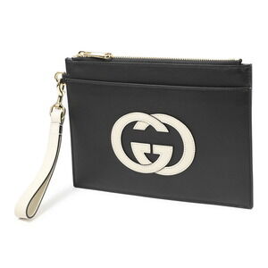Gucci black leather clutch bag white Interlocking G detachable wrist strap